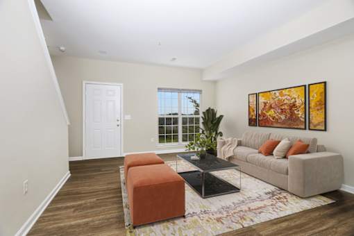 A living room with a couch, a coffee table, and a rug.